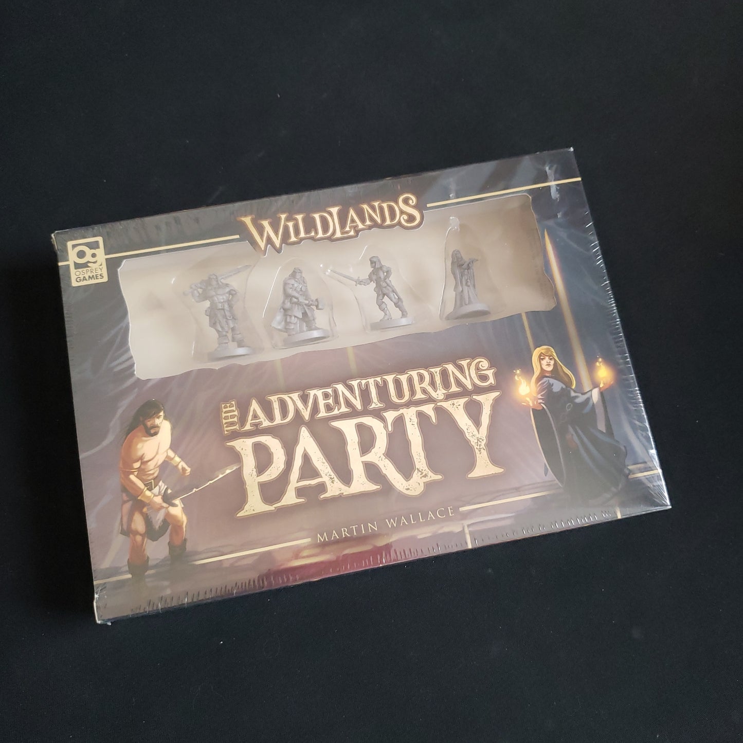 Image shows the front cover of the box of the Adventuring Party expansion for the Wildlands board game