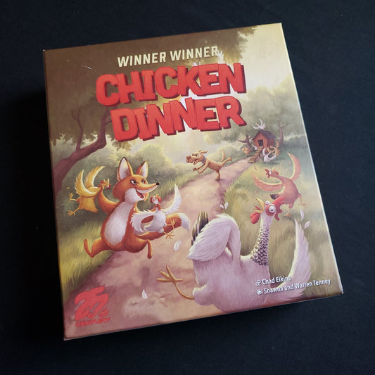Image shows the front cover of the box of the Winner Winner Chicken Dinner board game