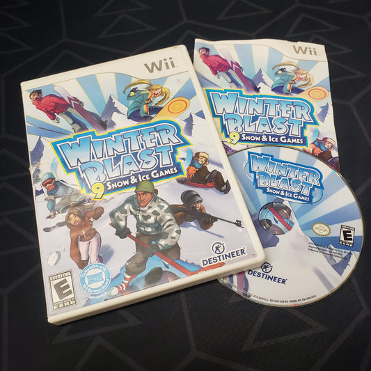 Image shows the case, manual and disc for the video game Winter Blast: 9 Snow & Ice Games for Nintendo Wii