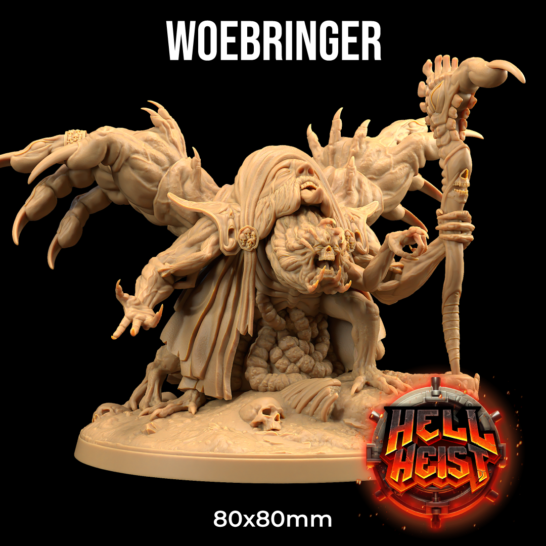 Image shows a 3D render of a many-faced, many-handed demon abomination gaming miniature holding a staff