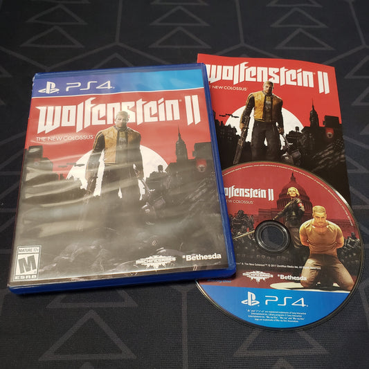 Image shows the case, manual and disc for the video game Wolfenstein II: The New Colossus for Playstation 4