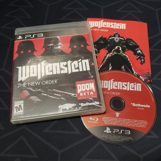 Image shows the case, manual and disc for the video game Wolfenstein: The New Order for Playstation 3