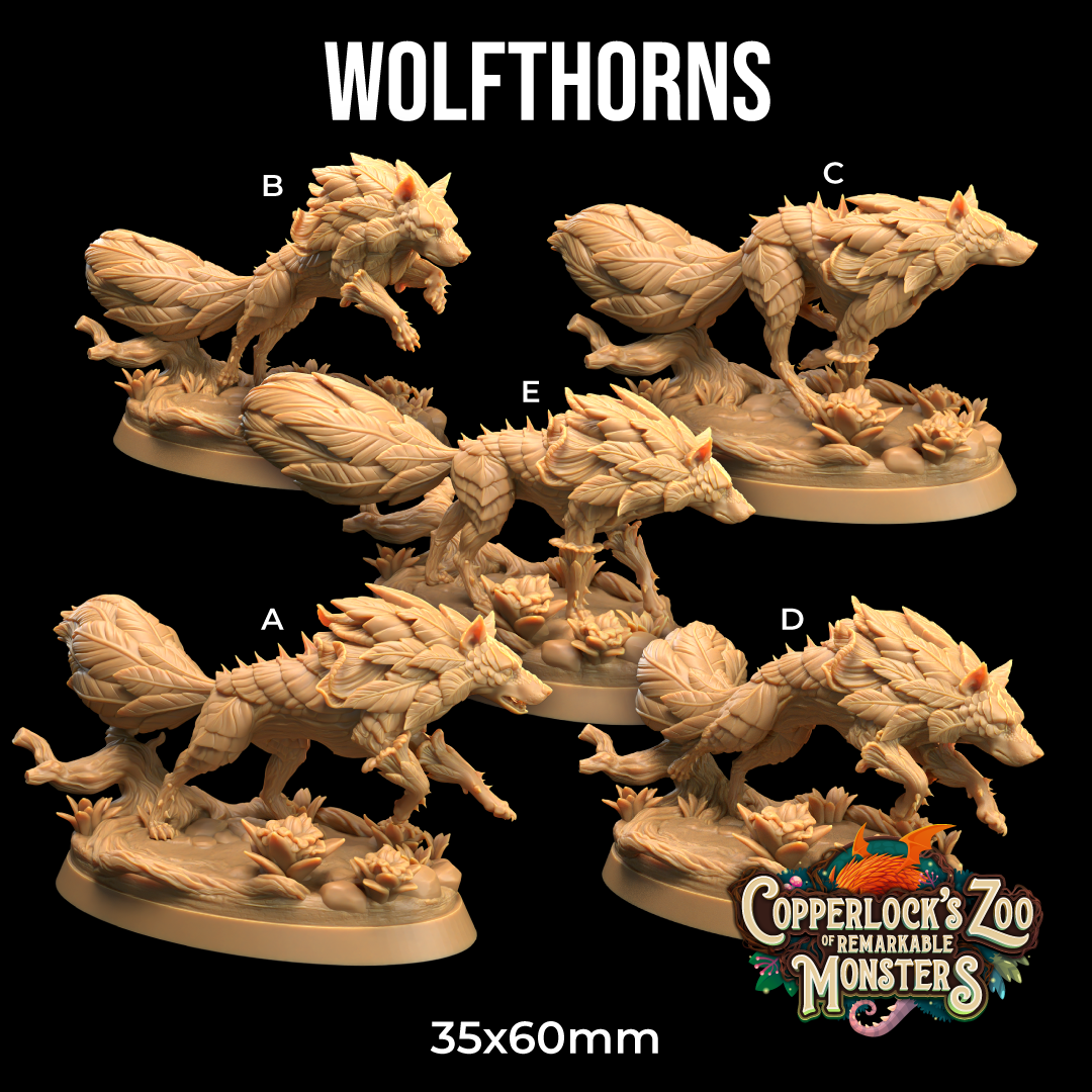 Image shows 3D renders for five different sculpt options for a wolf-plant-bramble hybrid gaming miniature