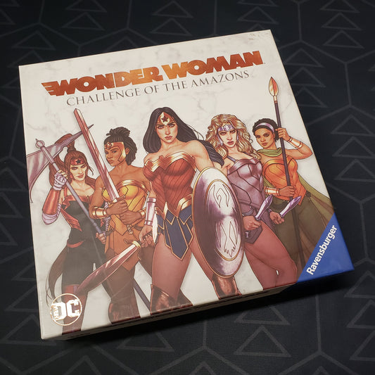 Image shows the front cover of the box of the Wonder Woman: Challenge of the Amazons board game