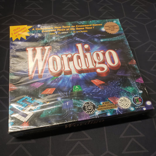 Image shows the front cover of the box for the Wordigo board game