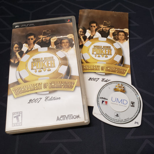 Image shows the case, manual and UMD disc for the video game World Series of Poker: Tournament of Champions 2007 for Playstation Portable