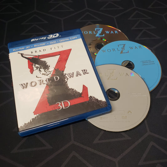 Image shows the case & three discs for the movie set of World War Z 3D on Blu-Ray & DVD