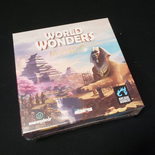 Image shows the front cover of the box of the Mundo Wonders Pack expansion for the board game World Wonders