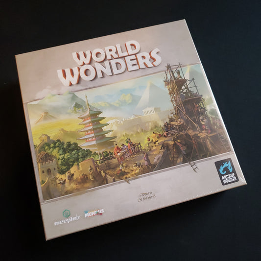 Image shows the front cover of the box of the World Wonders board game