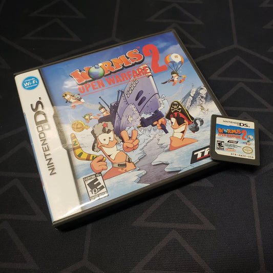 Image shows the case and cartridge for the video game Worms 2: Open Warfare for Nintendo DS