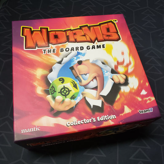 Image shows the front cover of the Collector's Edition box for Worms: The Board Game