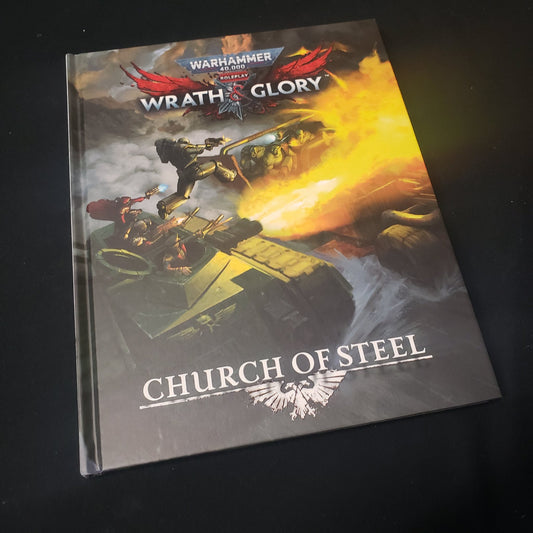 Image shows the front cover of the Church of Steel book for the roleplaying game Wrath & Glory