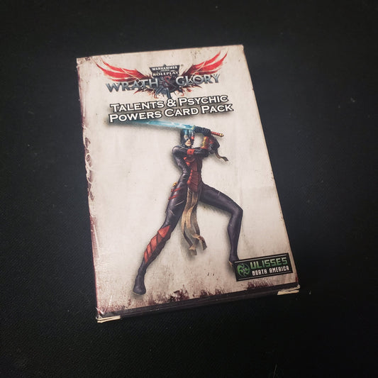 Image shows the front cover of the  package of the Talents & Psychic Powers Card Pack for the roleplaying game Wrath & Glory