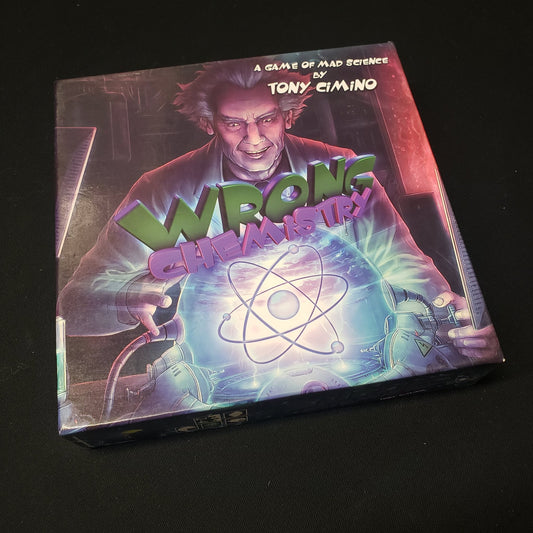 Image shows the front cover of the box of the Wrong Chemistry card game