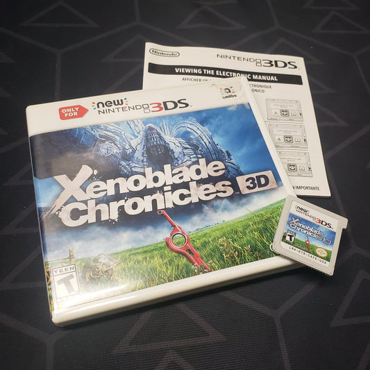 Image shows the case, manual and cartridge for the video game Xenoblade Chronicles 3D for Nintendo 3DS