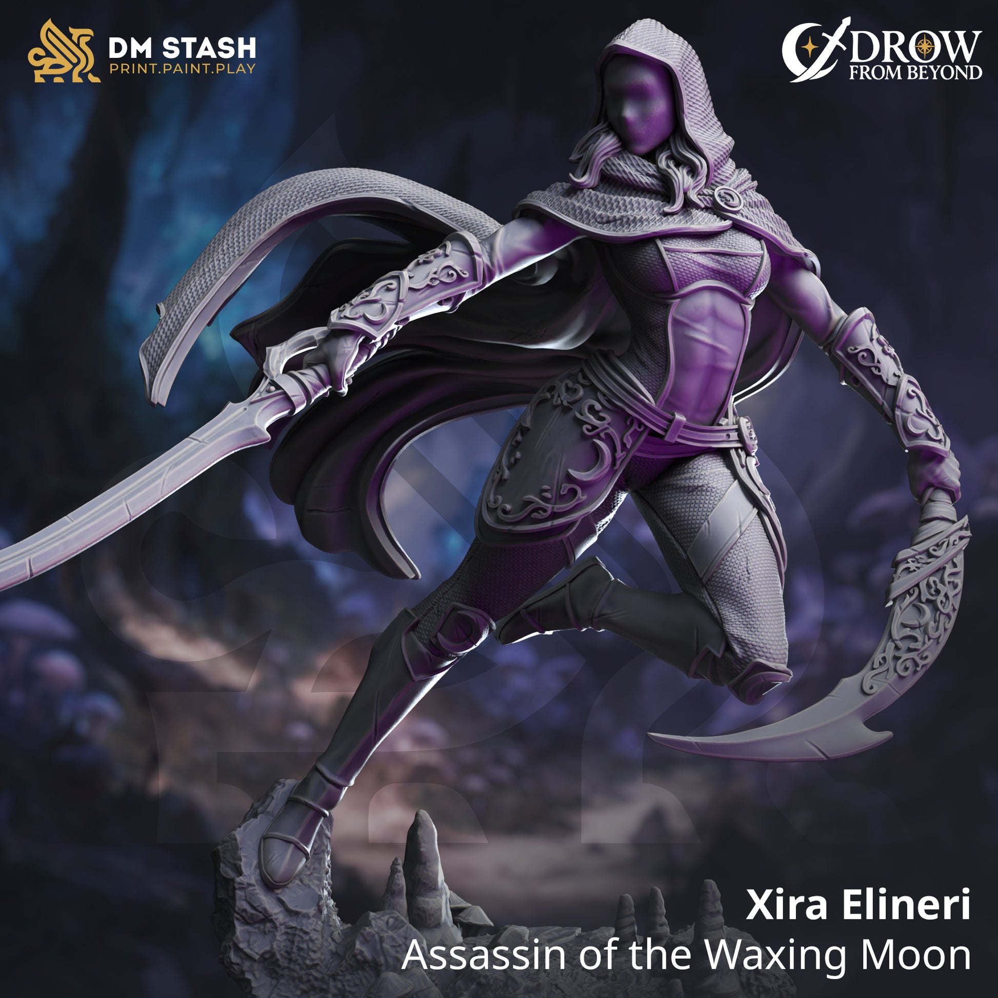 Image shows a 3D render of a drow assassin gaming miniature.