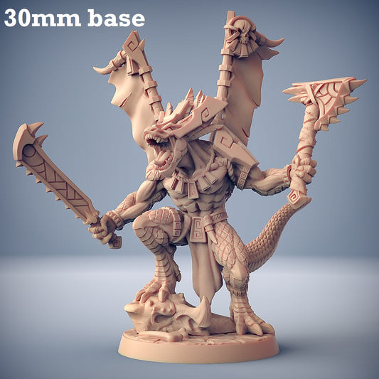 Image shows a 3D render of a lizardfolk warlord gaming miniature.