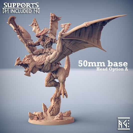Image shows a 3D render of a lizardfolk warrior gaming miniature riding a winged dinosaur