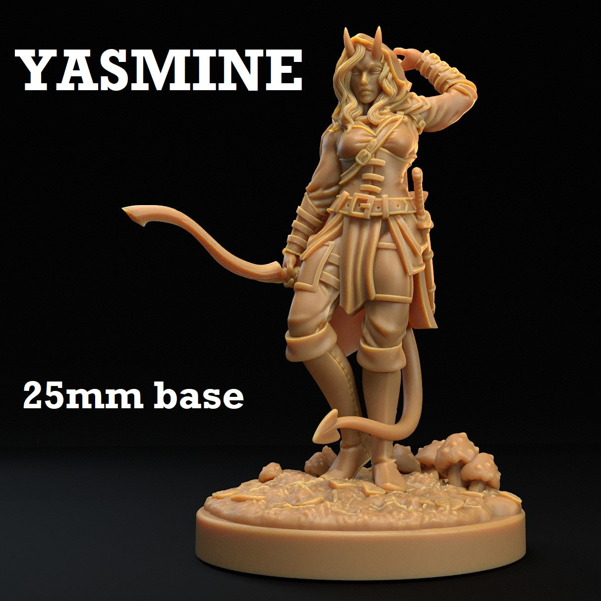 Image shows a 3D render of a tiefling ranger gaming miniature.