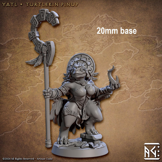 Image shows an 3D render of a turtle cleric gaming miniature
