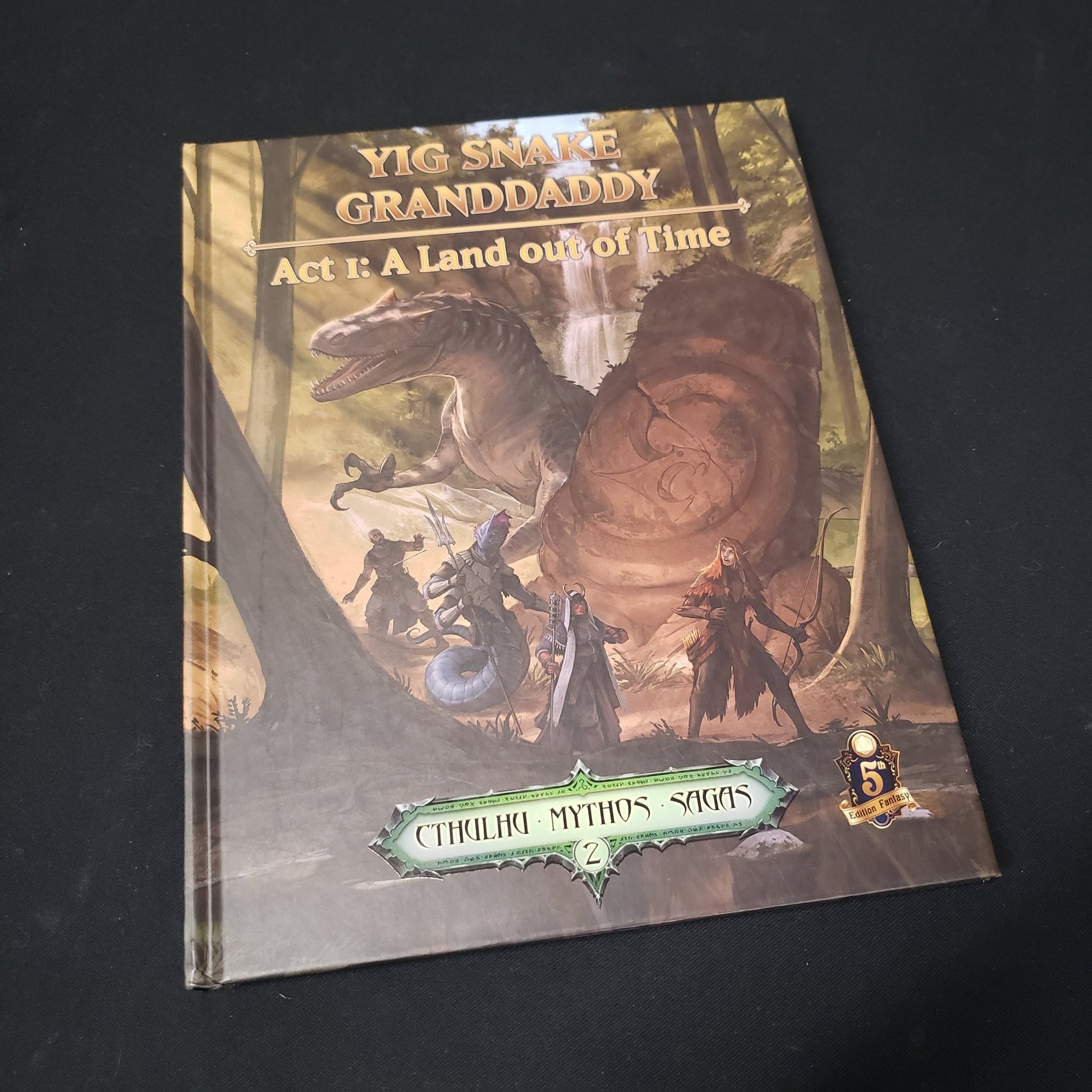 Image shows the front cover of the Yig Snake Granddaddy: Act 1 - A Land out of Time roleplaying game book