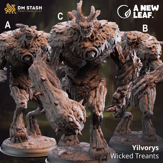 Image shows a 3D render for 3 different options for treant gaming miniatures