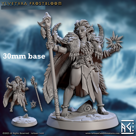 Image shows a 3D render of a elf druid gaming miniature.