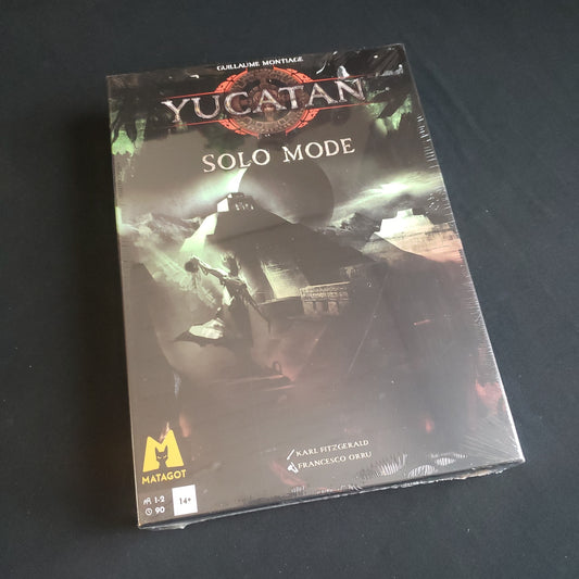 Image shows the front cover of the box of the Solo Mode expansion for the board game Yucatan