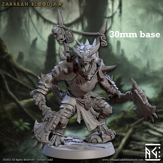 Image shows a 3D render of a lizardfolk warlord gaming miniature.