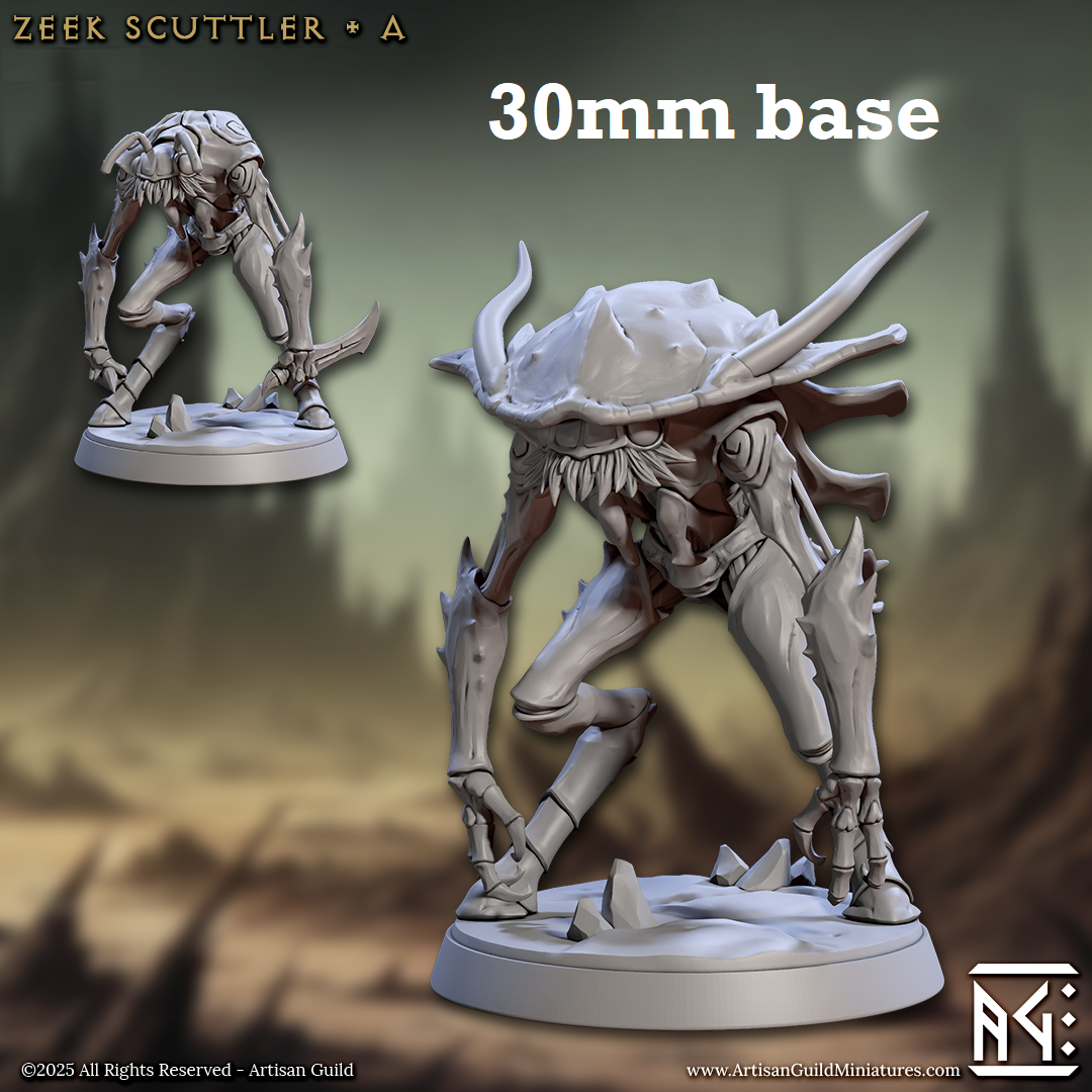 Image shows 3D renders of two sculpt options for a thri-kreen warrior gaming miniature.