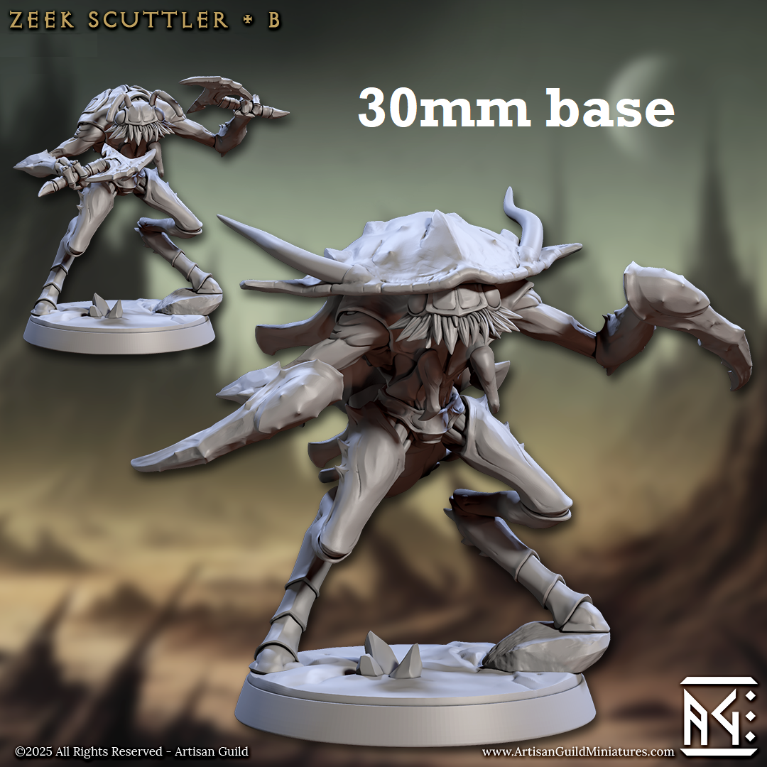 Image shows 3D renders of two sculpt options for a thri-kreen warrior gaming miniature.