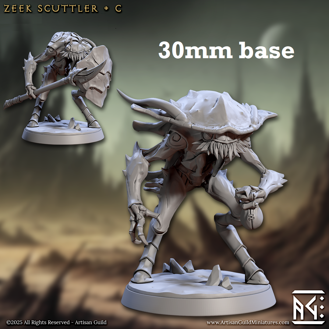 Image shows 3D renders of two sculpt options for a thri-kreen warrior gaming miniature.