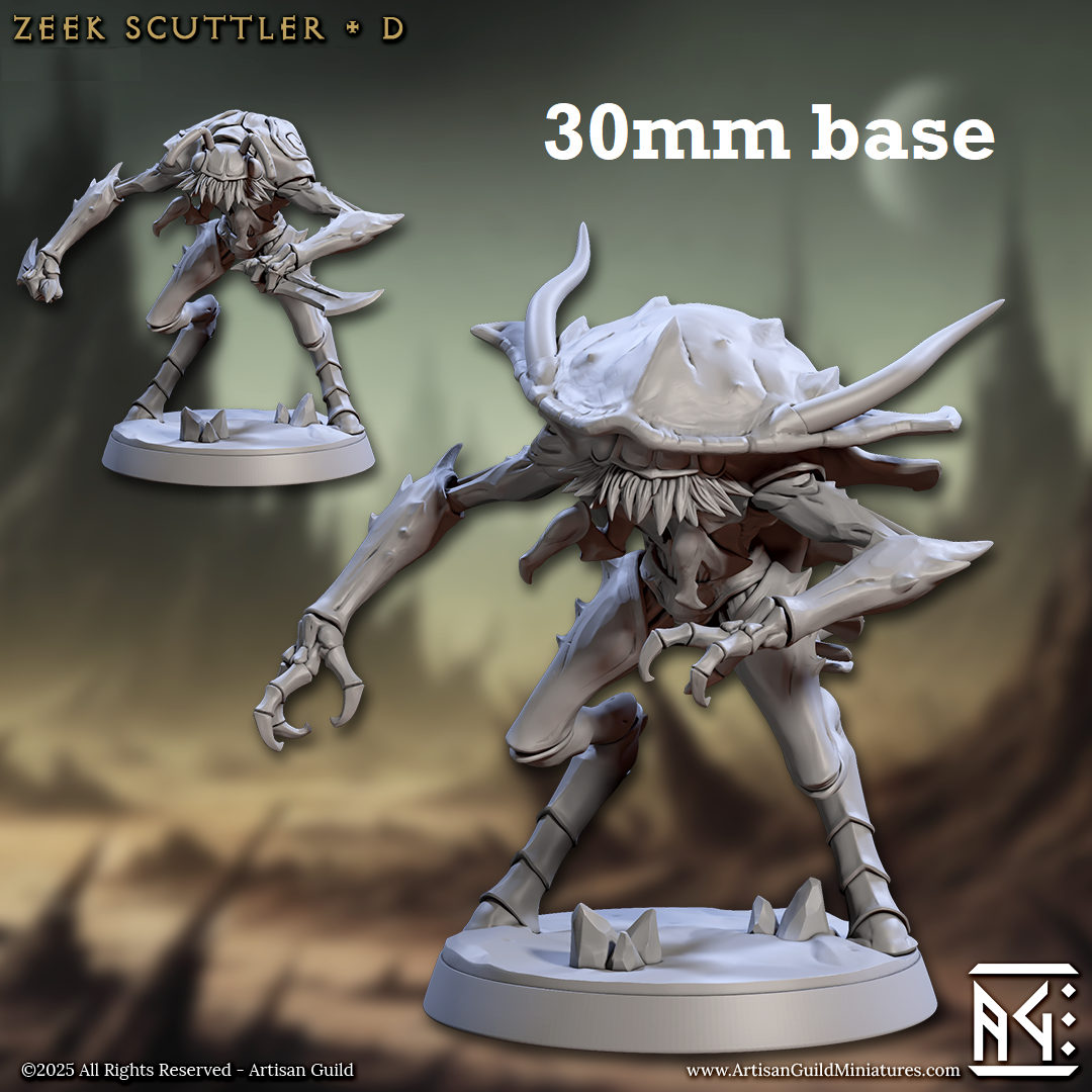 Image shows 3D renders of two sculpt options for a thri-kreen warrior gaming miniature.