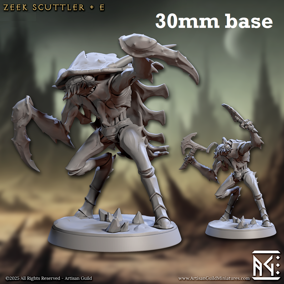 Image shows 3D renders of two sculpt options for a thri-kreen warrior gaming miniature.