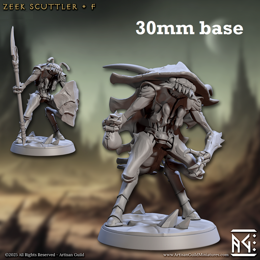 Image shows 3D renders of two sculpt options for a thri-kreen warrior gaming miniature.