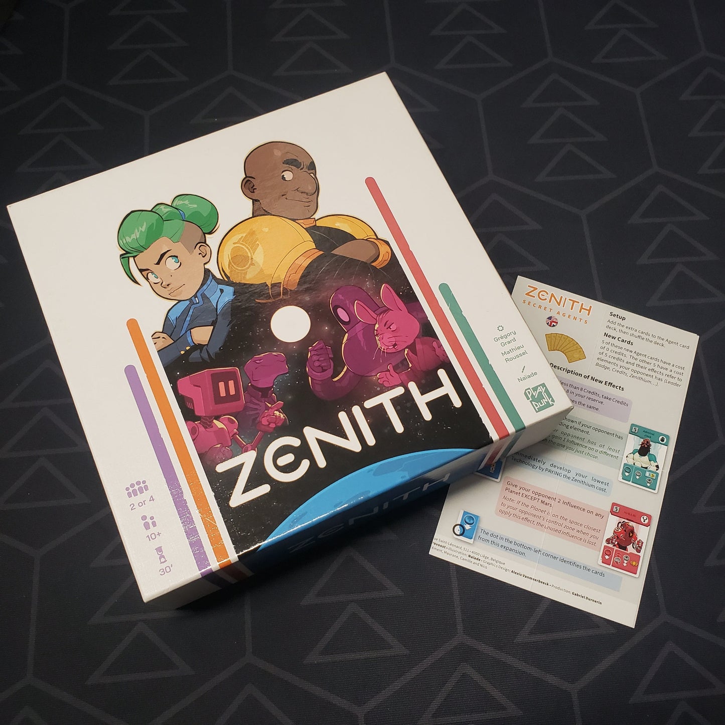 Image shows the front cover of the box for the Zenith card game sitting on top of the instructions for the Secret Agents mini expansion