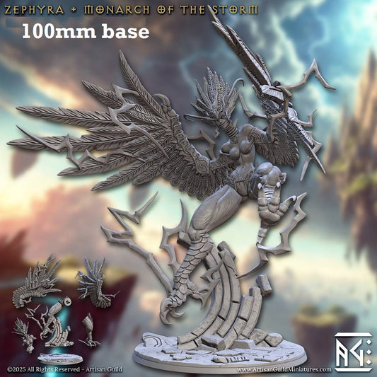 Image shows a 3D render of a huge harpy queen gaming miniature.