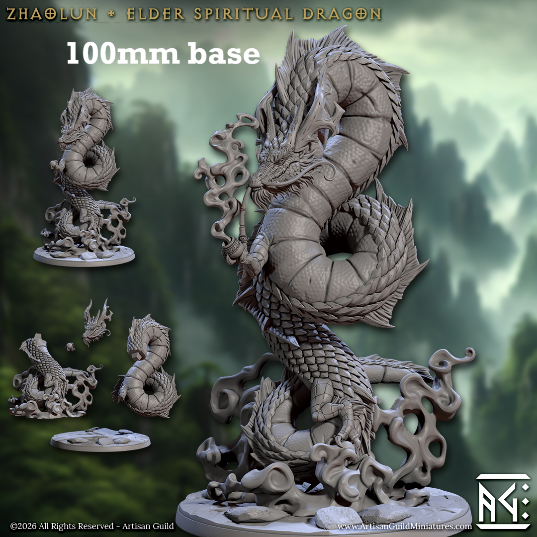 Image shows a 3D render of a eastern-style dragon gaming miniature.