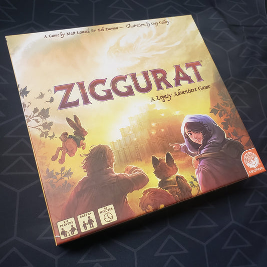 Image shows the front cover of the box for the Ziggurat board game