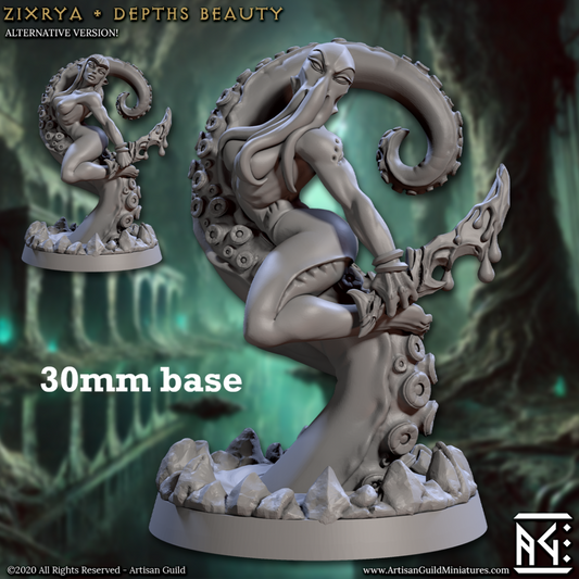 Image shows 3D renders of two sculpt options for a priestess pinup gaming miniature, one amindflayer and the other an elf