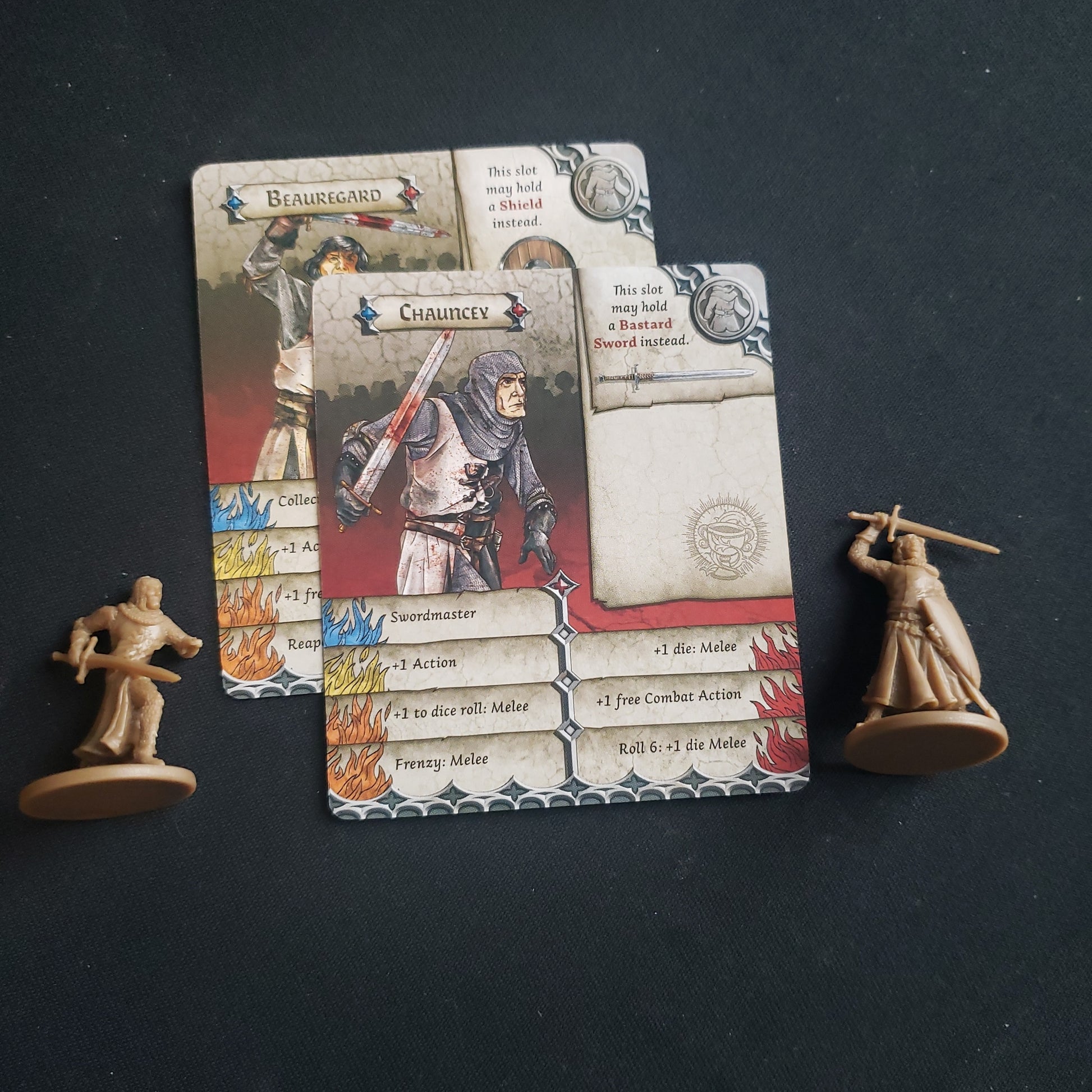 Image shows the miniatures and cards for the Chauncey & Beauregard character expansion for the board game Zombicide: Black Plague