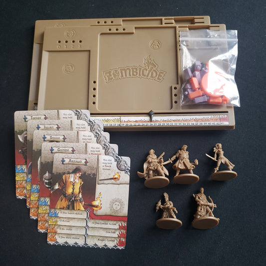 Image shows the miniatures, components and cards for the Hero Box 1 expansion for the board game Zombicide: Black Plague
