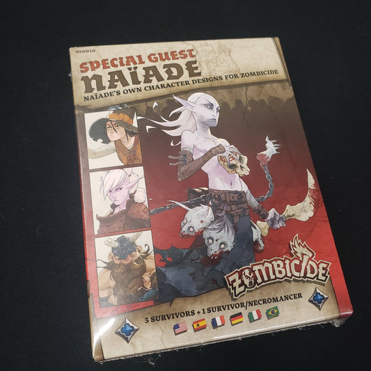 Image shows the front of the box for the Naiade Special Guest Box expansion for the board game Zombicide: Black Plague