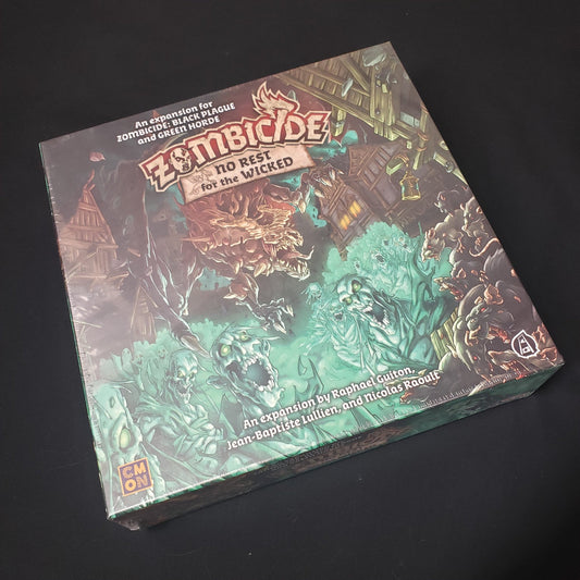 Image shows the front of the box for the No Rest for the Wicked expansion for the board games Zombicide: Black Plague & Green Horde