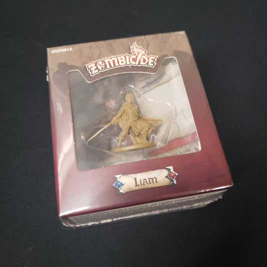 Image shows the front of the box for the Liam Character Pack expansion for the board game Zombicide: Black Plague