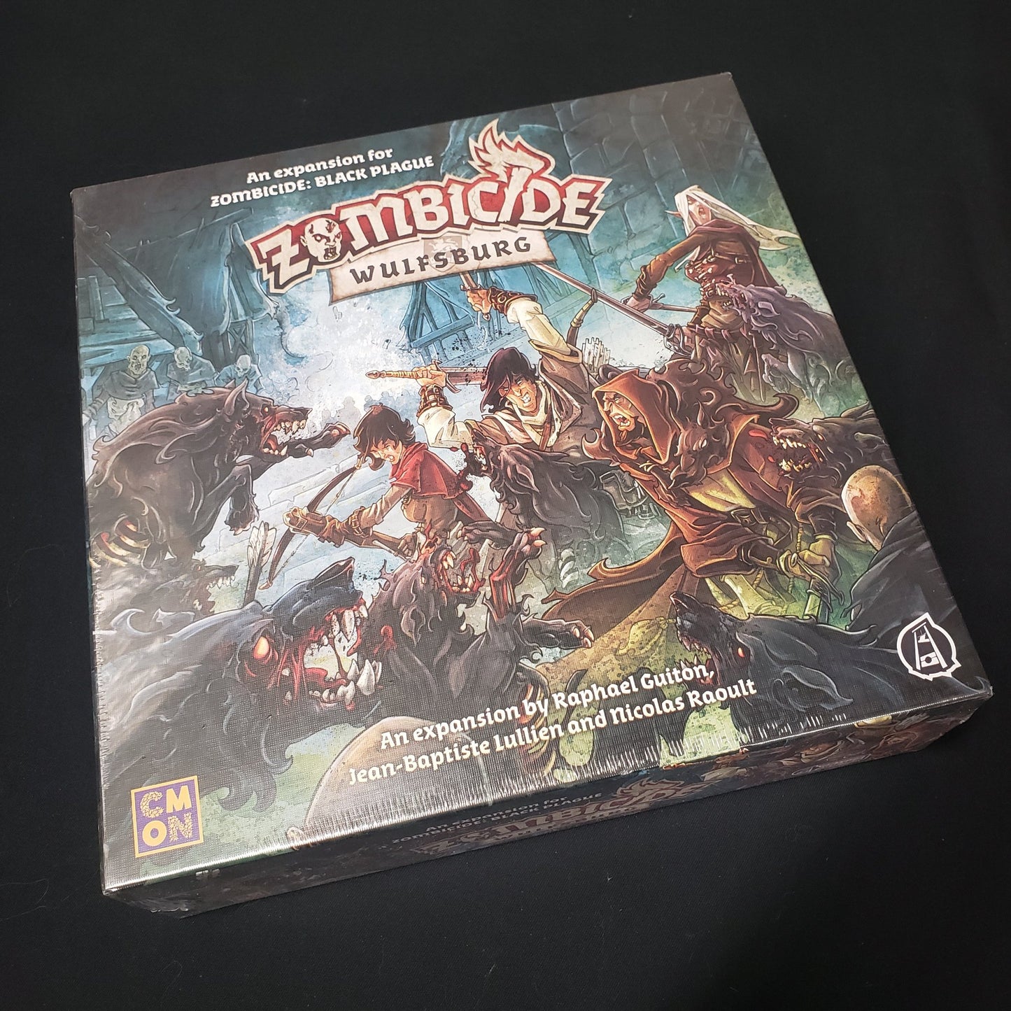 Image shows the front of the box for the Wulfsburg expansion for the board game Zombicide: Black Plague