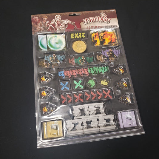 Image shows the front of the box for the 62 Plastic Tokens upgrade for the board games Zombicide: Black Plague & Green Horde