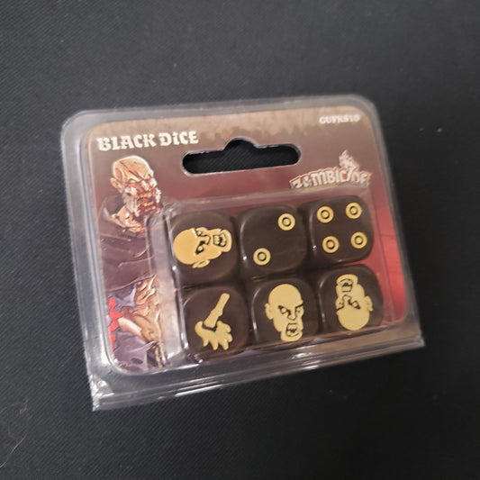 Image shows the front of the box for the Black Dice upgrade for the board games Zombicide: Black Plague & Green Horde