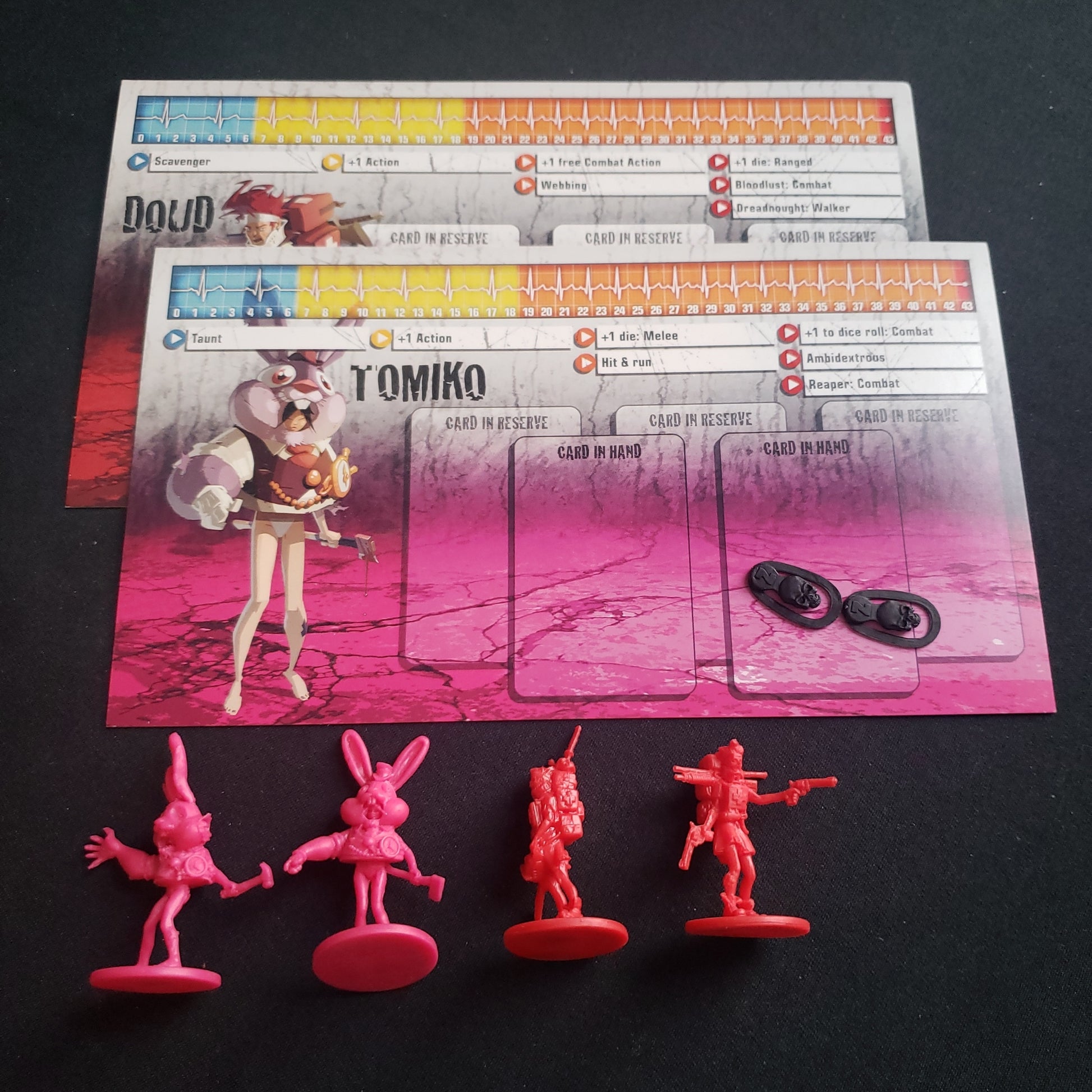 Image shows the miniatures and character dashboards for the Edouard Guiton Special Guest Box expansion for the board game Zombicide