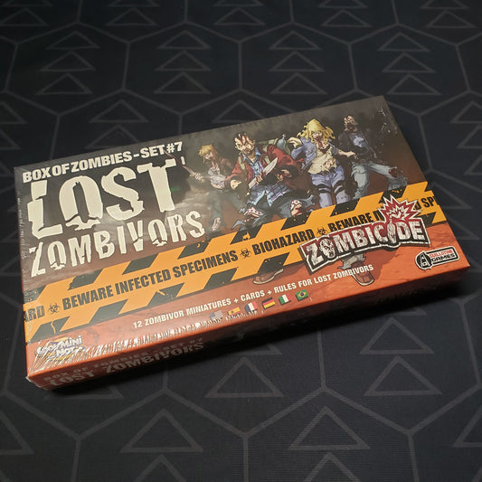 Image shows the front cover of the box of the Set #7: Lost Zombivors expansion for the board game Zombicide